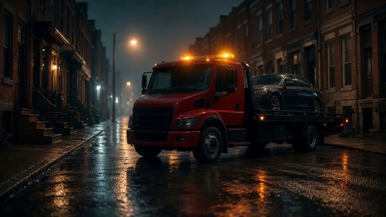 Red flatbed tow truck with amber beacons and a car on its bed, on a rain-wet Philadelphia rowhouse street at night