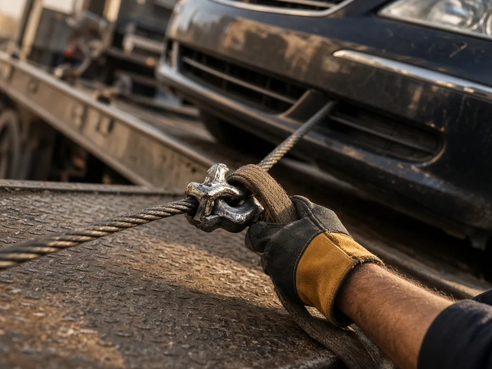 Vehicle being winched onto a flatbed in a generic towing scene