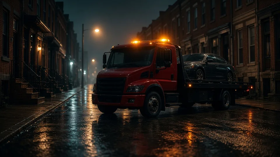 Red flatbed tow truck with amber beacons on a rain-wet rowhouse street at night