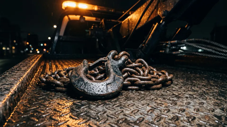 Close-up of a tow hook and chain on a flatbed deck at night