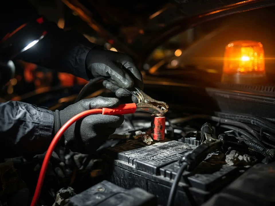 Generic roadside jumpstart scene with jumper cables